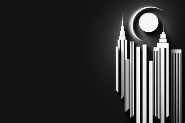This evocative artwork captures the dynamic essence of a black and white city skyline, illustrating the sophistication of a financial district under the glow of a crescent moon