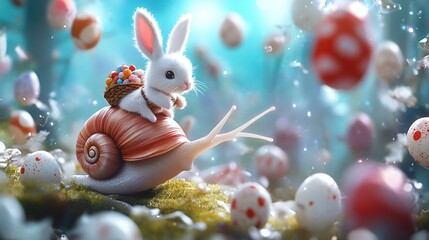 White Bunny Riding Snail Amidst Pastel Easter Eggs in Fantasy Forest
