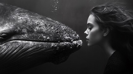 Underwater encounter woman meets whale ocean depths black and white photograph intimate perspective