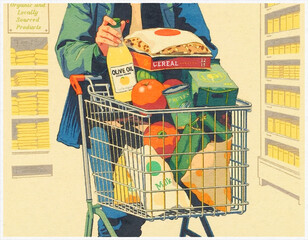 Vintage Organic Shopping - Digital Watercolor