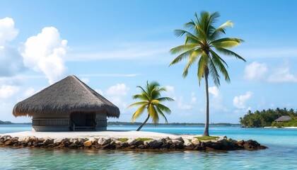 Fototapeta premium Tropical Paradise: Secluded Beach Hut with Palm Trees