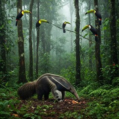 A hungry anteater searching for food in the rainforest, as bright toucans call from the branches above