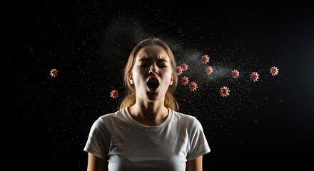 A slow-motion effect showing virus particles being released into the air after a person sneezes.