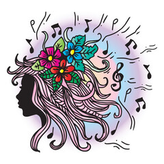 Girl head silhouette with flowers and music notes in her hair