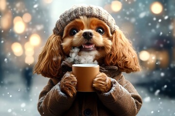 Sidesplitting pets. Animal welfare. Happy cute baby dog cocker spaniel in winter warm clothes, holding warm drink with rising steam in paws. Pet snow gear. Winter dog gear. Puppy snow time.