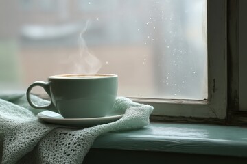 Steaming Coffee Cup on Rainy Day Windowsill