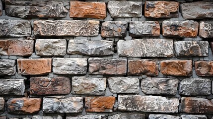 Obraz premium Close-up view of a rustic stone wall featuring a mix of gray and orange bricks, showcasing texture and pattern