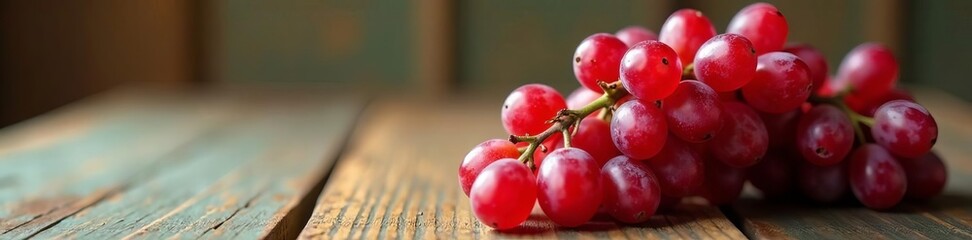 Close-up of red grapes on vintage table, natural light, rustic ambiance, red, vintage