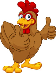 A chicken cartoon rooster cockerel character mascot giving a thumbs up.