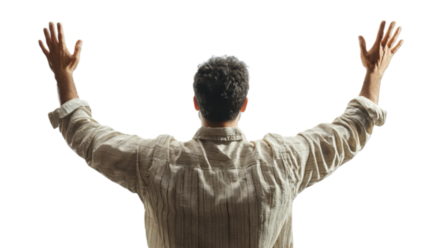 Man with arms raised in surrender or joyful embrace back view hopeful pose freedom concept spiritual gesture on isolated transparent background