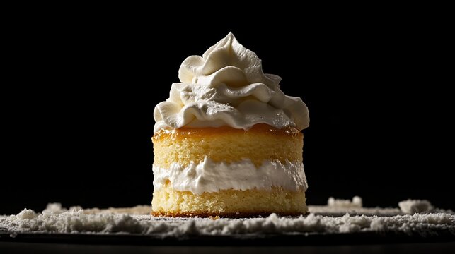 An individual portion of Tres Leches Cake with a soft, soaked sponge and a creamy whipped topping.