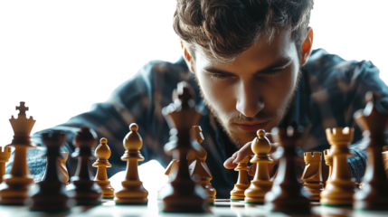 Focused young man intensely concentrating on a chess match strategic thinking competition challenge game on isolated transparent background