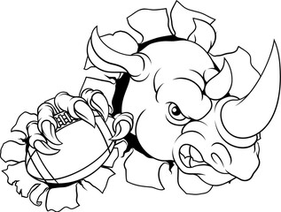 A Rhino Rhinoceros mean tough cartoon sports animal mascot holding an American football ball