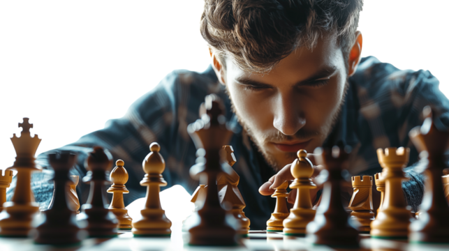Focused young man intensely concentrating on a chess match strategic thinking competition challenge game on isolated transparent background