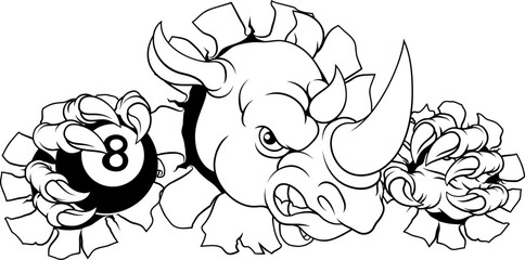 A rhino or rhinoceros cartoon sports mascot holding a black eight pool ball