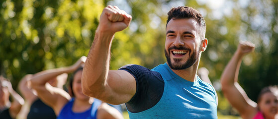 fitness coach leading outdoor boot camp, motivating participants with enthusiasm and energy