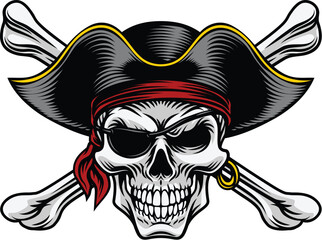 Pirate skull crossbones wearing a tricorn captain hat with crossing bones. In a vintage retro woodcut style.