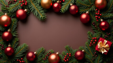 Festive Christmas Wreath with Shiny Red and Gold Ornaments, Green Pine Branches, Red Berries and Gift Box - Holiday Decoration for Christmas Season