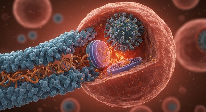 A virus invading and hijacking a healthy human cell, taking over its functions.
