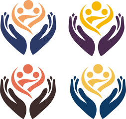 Abstract family logo with protective hands and human figures