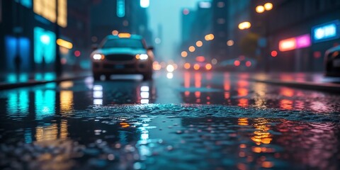 Rainy night cityscape with glowing lights reflecting on wet streets and blurred taxi in motion.