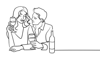 Man and girl drink, continious line art on white background. Hands toasting with wine glasses with drinks. Cheers toast festive decoration for holidays. Vector illustration