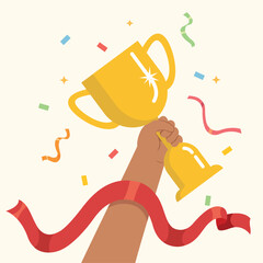 illustration of Winner prize goblet, Hand holding gold trophy cup and medals. Winner trophy award and medal.