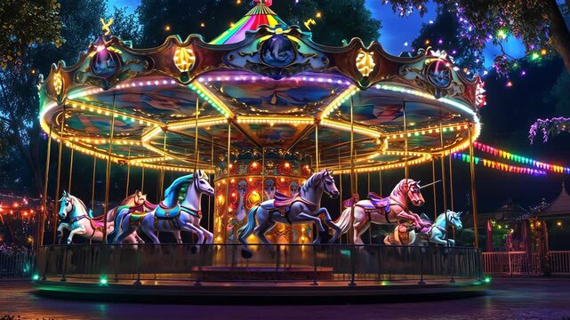 A brightly lit, colorful carousel spinning at night surrounded by festive lights and a joyful atmosphere