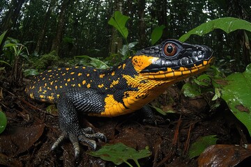 Fototapeta premium Vibrant amphibian in lush rainforest, showcasing striking colors amidst dense foliage and shadows