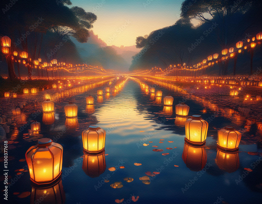 Poster river illuminated with glowing lanterns at dusk. forest background and colorful sky create a magical