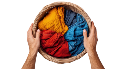 Person holding a wicker laundry basket filled with colorful clothes  Perfect for laundry cleaning housework home organization and lifestyle imagery
