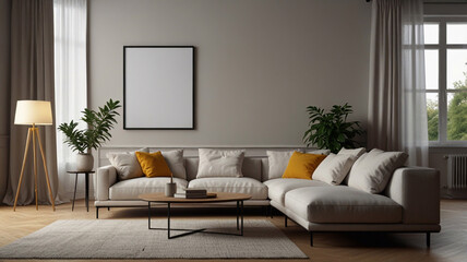 Corner view on bright living room interior with empty poster