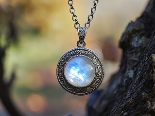 Moonstone pendant necklace, nature background, jewelry photography, website product image