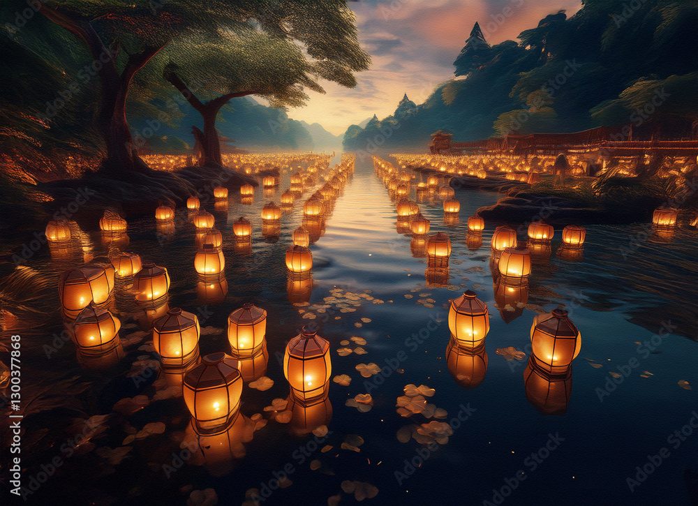Poster illuminated lanterns gently float on water, creating a magical and serene ambiance. a natural backgr