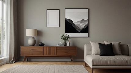 Corner view on bright living room interior with empty poster