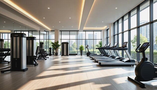 Luxurious gym interior with modern equipment and natural light