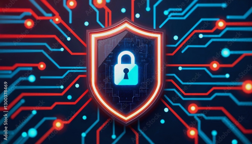 Poster futuristic shield icon with digital circuits symbolizing online security