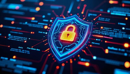 High-tech digital shield with glowing lock symbolizing cybersecurity and data protection