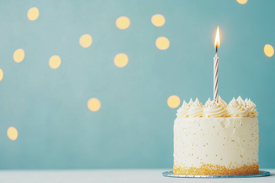 A vanilla birthday cake and sparkles with blue copy space. 