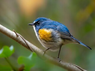 森の中の木陰で枝に留まって周りを見渡しているルリビタキの雄