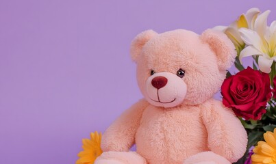 Fototapeta premium Pink teddy bear and colorful flower decorations on purple background, Generative AI
