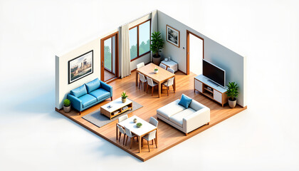 Modern isometric apartment interior with clean lines, stylish living