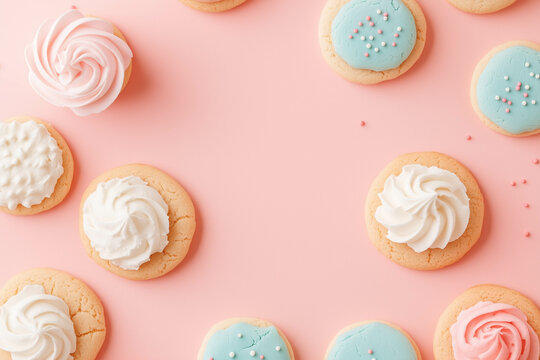 Shortbread cookies decorated with pastel color royal icing and colorful sprinkles.	
