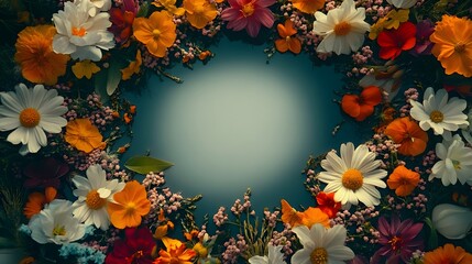 A colorful floral arrangement surrounds a central empty space elegantly
