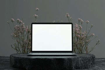 Modern Laptop Mockup with Blank Screen on Dark Stone Pedestal & Flowers