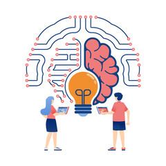 Artificial Intelligence Illustration of People in Network Searching for Ideas and Knowledge with Brain and Light Symbols