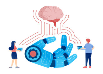Artificial Intelligence Illustration with Robot Hand Connected to Brain for User and Technology Network Integration