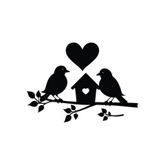 two birds on a branch with love icon.Valentines Day icon set vector illustration.