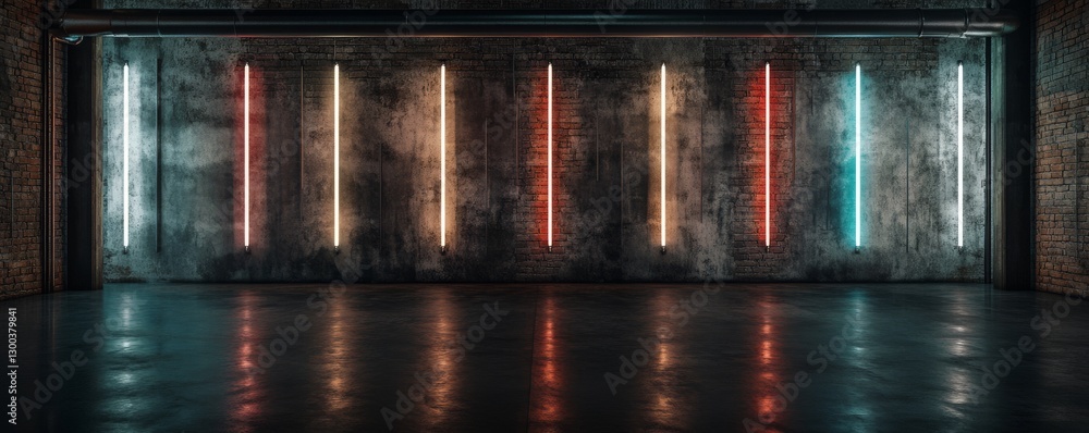 Aufkleber empty room with vibrant neon lights on brick walls creating a dynamic backdrop for creative projects