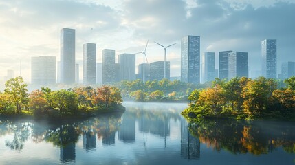 Obraz premium Urban Landscape with Modern Skyscrapers and Wind Turbines Reflecting in Calm Water at Sunrise